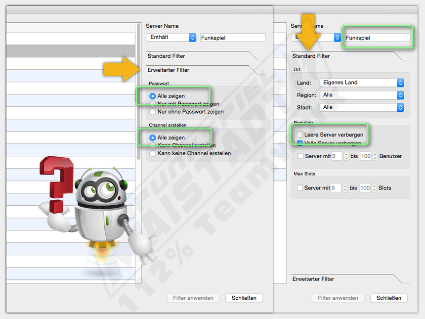 Serverliste. Erweiterter Filter. Teamspeak